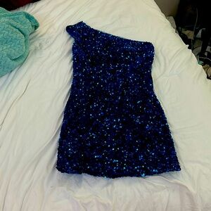 Blue sequin one-shoulder mini dress, size 4, from Amazon.